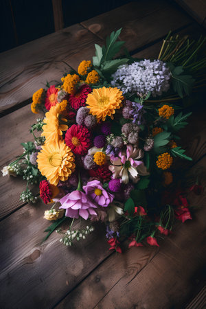 Colorful bouquet of flowers on a wooden table in rustic styleの素材