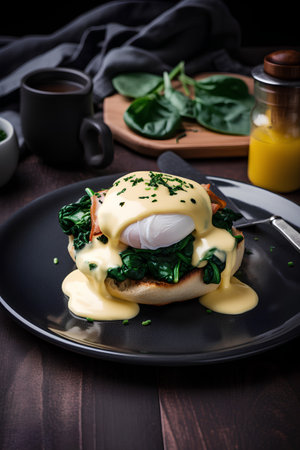 Eggs Benedict with poached egg, spinach and hollandaise sauceの素材