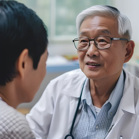 Doctor and senior patient discussing something while sitting at the table. Asian peopleの素材