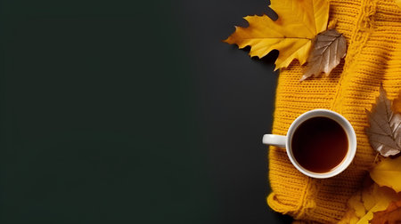 Cup of coffee with scarf and autumn leaves on black background.の素材