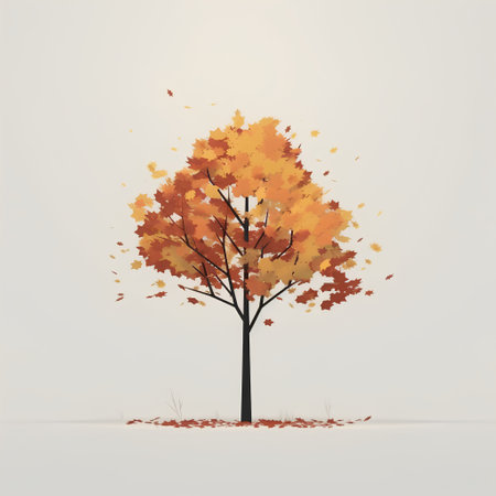Autumn tree with falling leaves on white background. Vector illustration.の素材