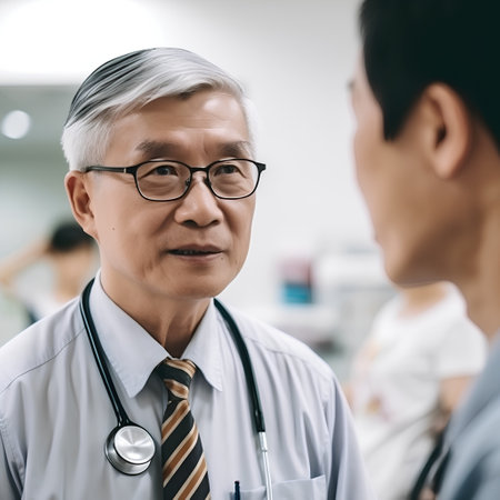 Doctor and patient discussing something while standing in corridor of hospital or clinicの素材