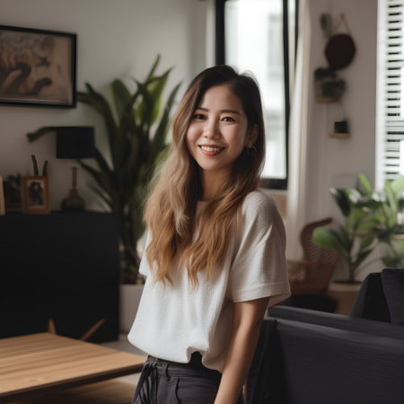 Portrait of a beautiful asian woman smiling and looking at camera while sitting in living room at homeの素材