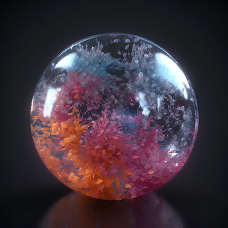 3d illustration of crystal ball with colorful abstract pattern on black backgroundの素材