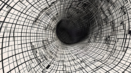 Abstract 3d illustration of a tunnel with random geometric shapes in black and whiteの素材
