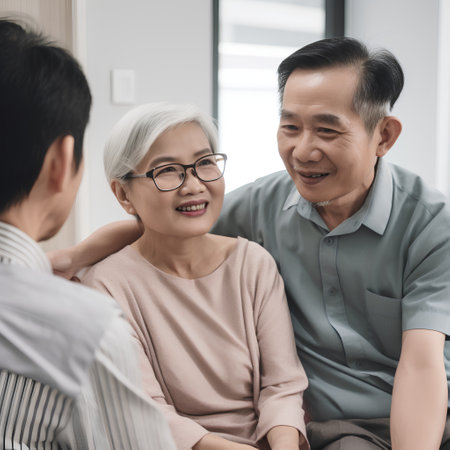 asian senior couple talking with their family at home. asian familyの素材