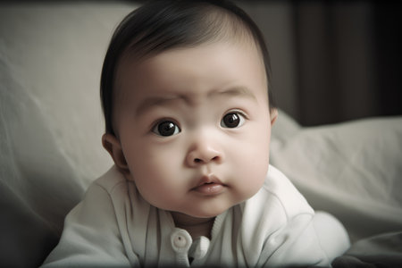 Cute asian baby boy looking at camera, closeup portraitの素材