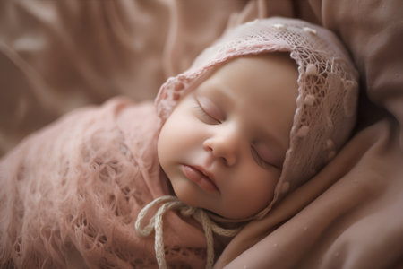 Newborn baby girl sleeping in pink knitted dress, soft focusの素材