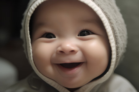 Portrait of a cute smiling baby boy in a hoodie.の素材