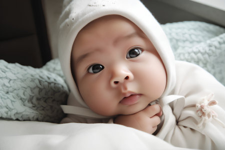 Cute asian baby lying on the bed and looking at cameraの素材
