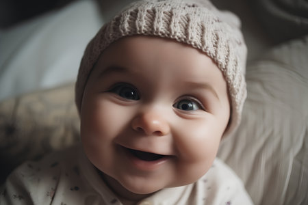 Portrait of cute little baby girl in a knitted hat.の素材