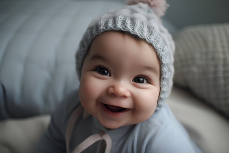 Portrait of a cute smiling baby in a knitted hat.の素材