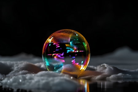 Colorful soap bubble on snow with reflection on black background, 3d renderの素材