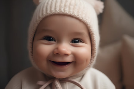 Portrait of a smiling baby in a knitted hat on a gray backgroundの素材