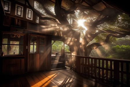 Old wooden house in the jungle with sun rays coming through the treeの素材