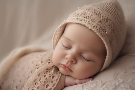 Cute newborn baby girl sleeping in a beige knitted hatの素材