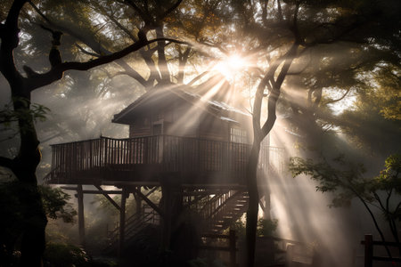 Wooden house in the misty forest with sunbeams.の素材