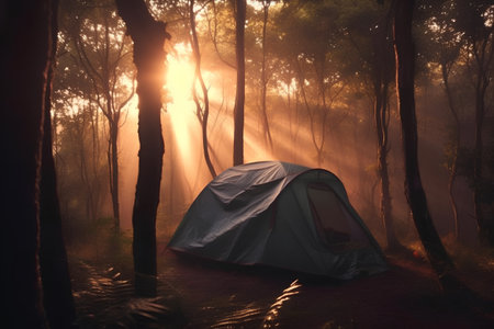 Camping tent in the misty forest at sunrise with sun raysの素材