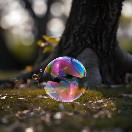 Soap bubbles in the forest. Shallow depth of field.の素材