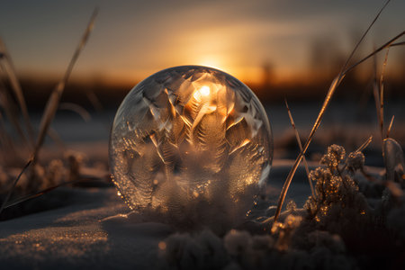 crystal ball on the snow at sunset. 3d rendering.の素材