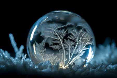 crystal ball in the snow with frost on a black background.の素材