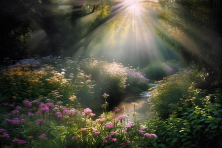 Beautiful spring garden with flowers and sunbeams in the morningの素材