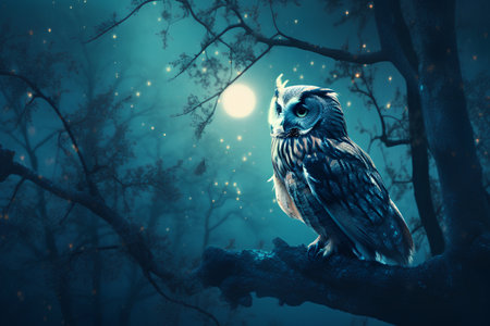 Night forest with owl and full moon. Halloween concept. 3D Renderingの素材