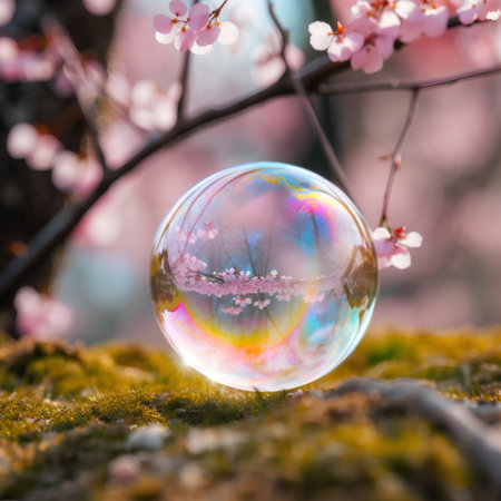 Crystal ball with blooming cherry blossom in spring time. Beautiful nature scene.の素材