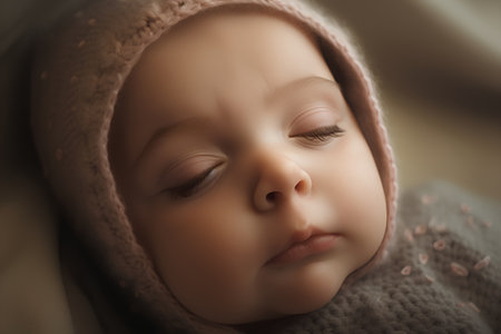 Portrait of a sleeping newborn baby girl in a knitted hatの素材