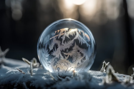 Crystal ball with frosty pattern on the snow in the winter forestの素材