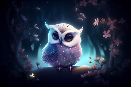Beautiful owl in the forest at night with flowers. Illustrationの素材