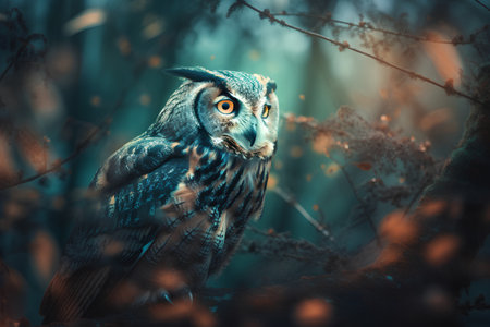 Beautiful owl in the forest. Filtered image processed vintage effect.の素材