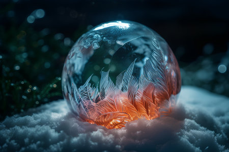 Glowing crystal ball in snow with bokeh lights. Christmas background.の素材