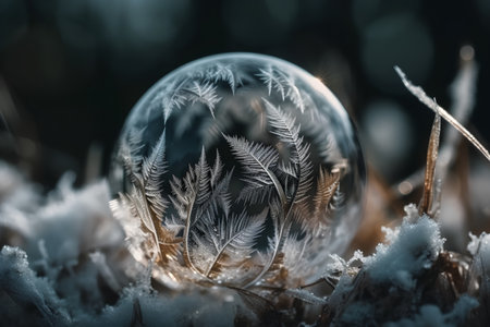 crystal ball on the grass covered with snow in the winter forestの素材