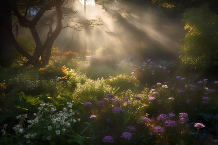 Sun rays through the trees in a summer garden with flowers in the foregroundの素材