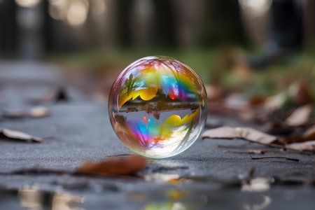 A rainbow-colored soap bubble on the ground in the autumn forestの素材