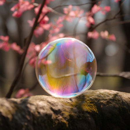 Beautiful soap bubble with pink sakura blossom in the parkの素材