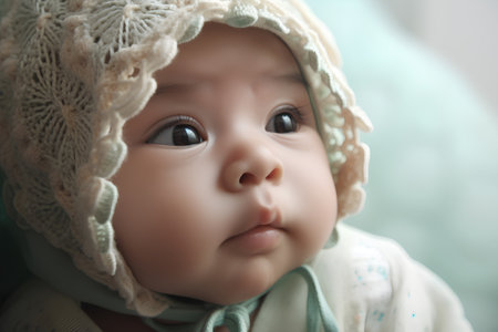 Portrait of cute little asian baby wearing a hat and scarfの素材