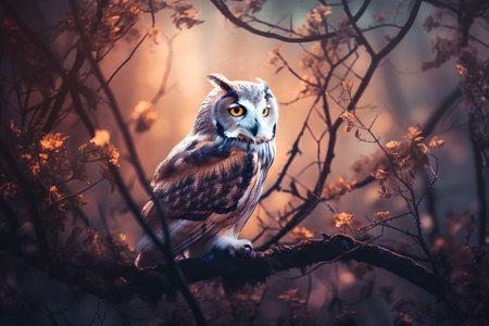 Owl sitting on a branch in the misty forest at sunriseの素材