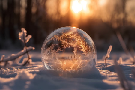 Crystal ball on the snow in the forest at sunset. Selective focusの素材