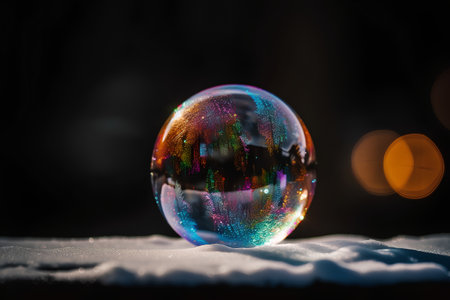 Glowing soap bubble in snow with christmas bokeh backgroundの素材