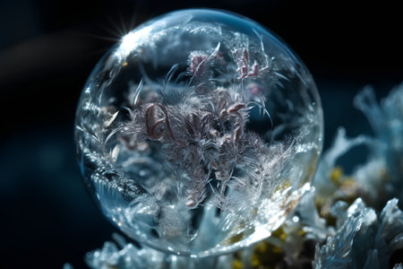 Crystal ball with frozen plant on black background. Close-up.の素材