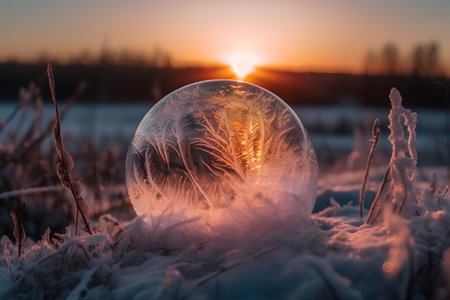 Beautiful winter sunset with a crystal ball in the frosty fieldの素材