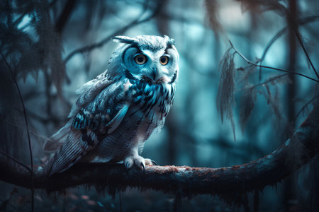 Beautiful owl sitting on a branch in the forest at night.の素材