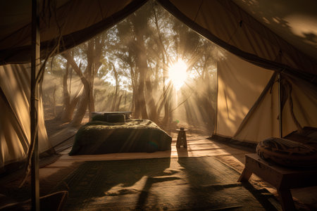 Bedroom in the rays of the morning sun with a tent and a bedの素材
