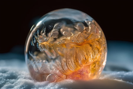 crystal ball on the snow with reflection of the sun in itの素材