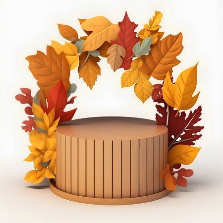 Autumn round podium with leaves on white background. 3d renderの素材