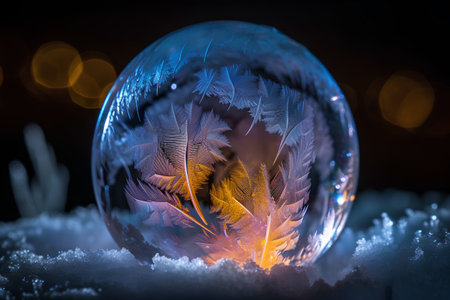 Crystal ball with feathers on snow at night. 3D rendering.の素材