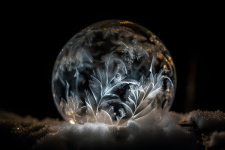 Glowing crystal ball with snowflakes on black background. Christmas and New Year concept.の素材