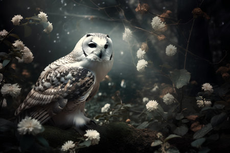 Snowy owl sitting on a mossy rock in a dark forestの素材
